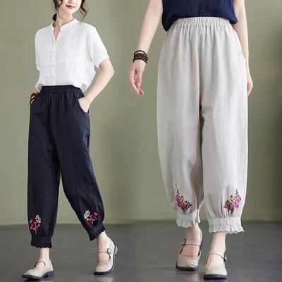 Pantalon lanterne chinois en coton et lin pour femme, coupe fine, style décontracté, brodé, neuf minutes, printemps et été