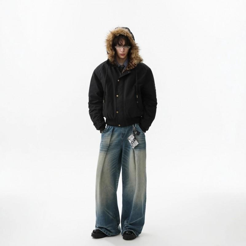 Unisex Winter Hooded Cotton Puffer Jacket With Leopard Faux Fur Trim Oversized Fit Warm Thick Lining Cold Weather