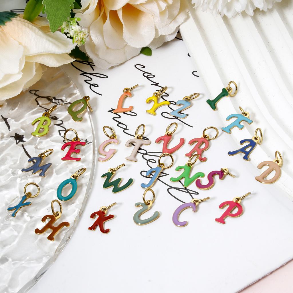 1 Piece 304 Stainless Steel Letter Charms Gold Plated Capital Alphabet Initial Letter Message " A-Z " Enamel Pendants Findings