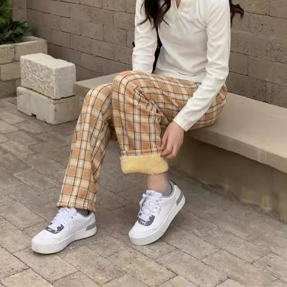 Fashion Warm Plush Pants Cashmere Thick Plaid Ladies Winter Casual Loose Wide-legged Pants Streetwear Students