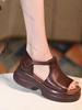 Fashion Authentic Leather Roman Sle Sandals Women's 2025 Summer New Slope Heel Thi Bot Soft Bot Ethnic Sle Retro Fi Mouth