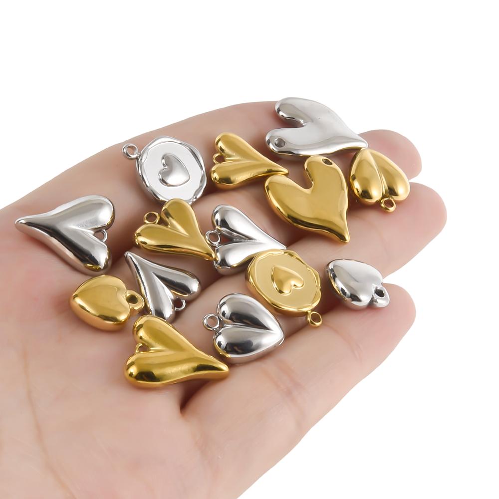6pc Sweet Love Pendant Real Gold Plated Stainless Steel Heart Charms For Jewelry Making Supplies DIY Keychain Pendant Charm Bulk