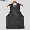 INCERUN Men Sleeveless Mesh Sheer Hollow Casual Beach Tank Tops Cover Up