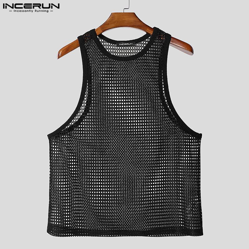 INCERUN Men Sleeveless Mesh Sheer Hollow Casual Beach Tank Tops Cover Up