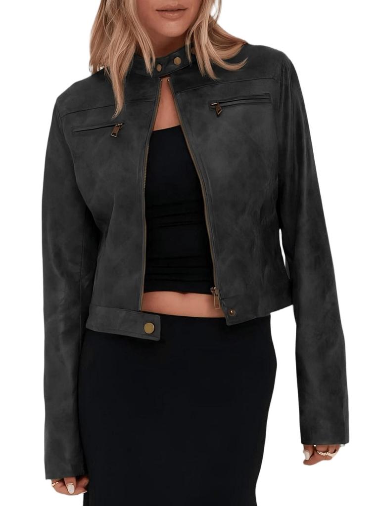 Giacca Moto Corta Vintage da Donna in Ecopelle con Zip e Collo Alto Cappotto Biker Corto Casual