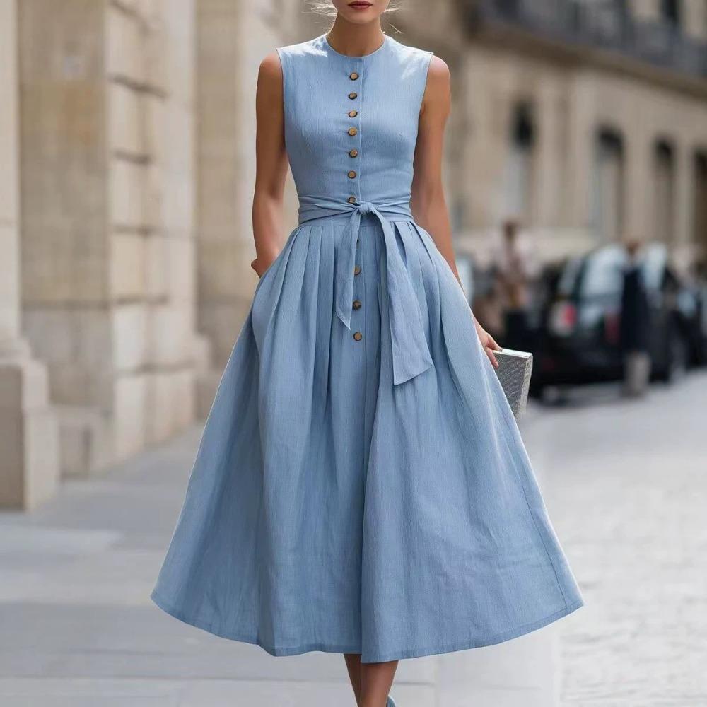 Women's Crew Neck Sleeveless Midi Dress Slim Fit Mid Waist Elegant Linen Blend Solid Color Button Front Tie Belt A-Line Dress