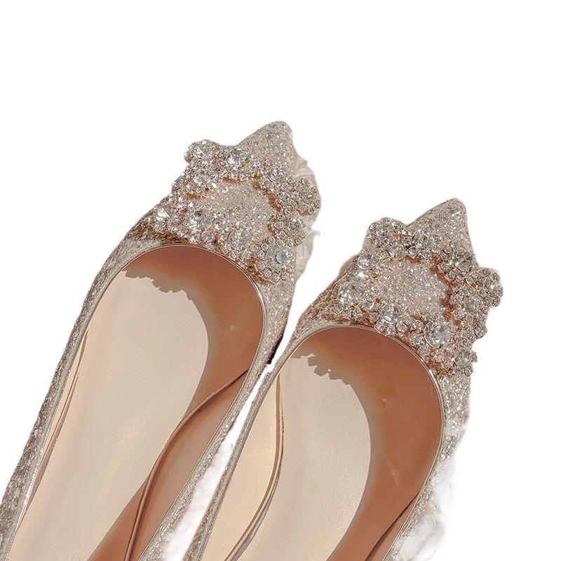 Pointed Flats Sequined Wedding Shoes Women's Maternity Shoes Rhinestone Pearl Bride Shoes Not Tired Feet Bridesmaid Shoes Large Size