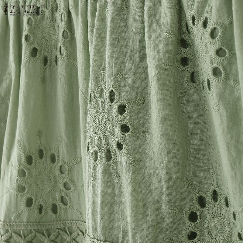 ZANZEA Women Casual Elastic Waist Loose Lace Crochet Patchwork Dress