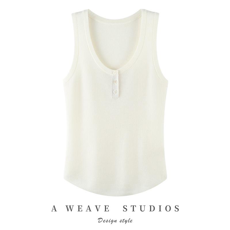 Early Autumn 100% Wool U-Neck Knit Vest: Three-Button, Waist-Cinched, Slim Fit Sleeveless.