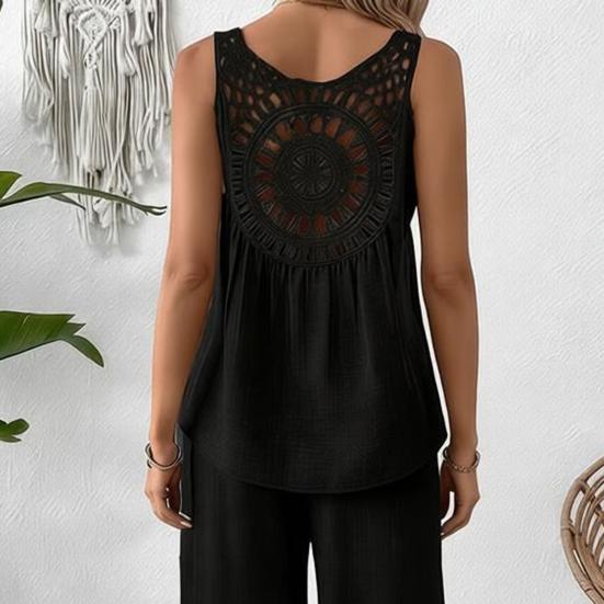 Women Summer 2 Piece Outfits Back Tank Top Sleeveless Hollow And Wide Leg Pants Set Boho