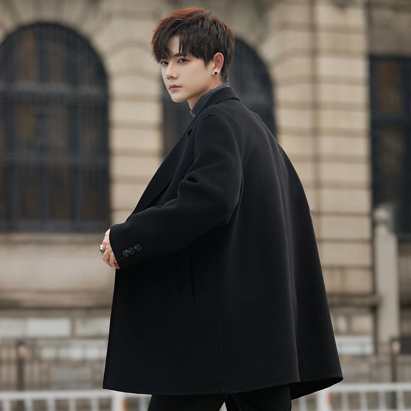 Men's Mid-Length Cashmere Wool Coat - Autumn/Winter Casual Windbreaker