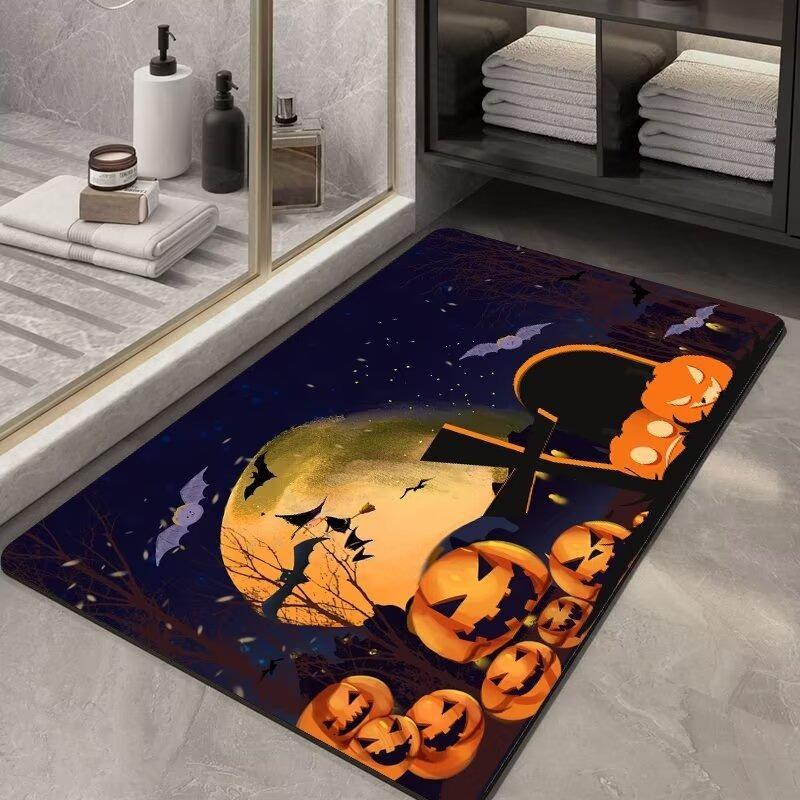 Halloween Themed Door Mat with Pumpkin Bat Pattern Non Slip Absorbent Indoor Outdoor Welcome Mat for Home Decor