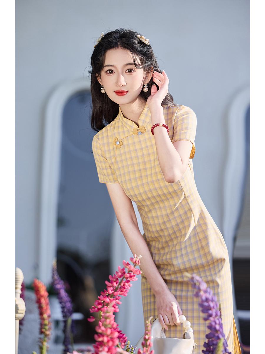 

Xia Lu 2025 Spring/Summer Yellow-Green Plaid Slim Fit Cotton Linen Qipao Dress M