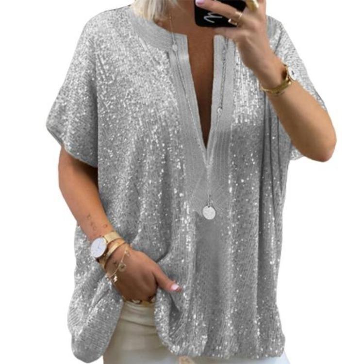 V Neck Short Sleeve Blouse Loose Tops Women Ladies Vacation T-shirt Wide Hem