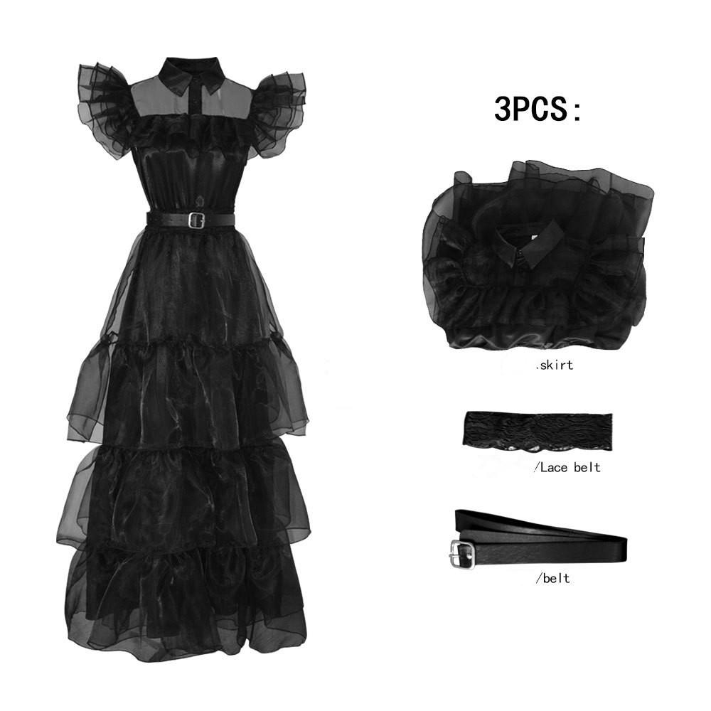 Costume Mercredi Addams Femme - Robe Gothique Noire En Tulle Et Dentelle - Tenue Halloween, Cosplay, Soirée