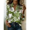 Camicia da donna a maniche lunghe con bottoni in stile bohémien, camicia con fantasia di foglie tropicali verdi e bianche, abbigliamento casual festivo