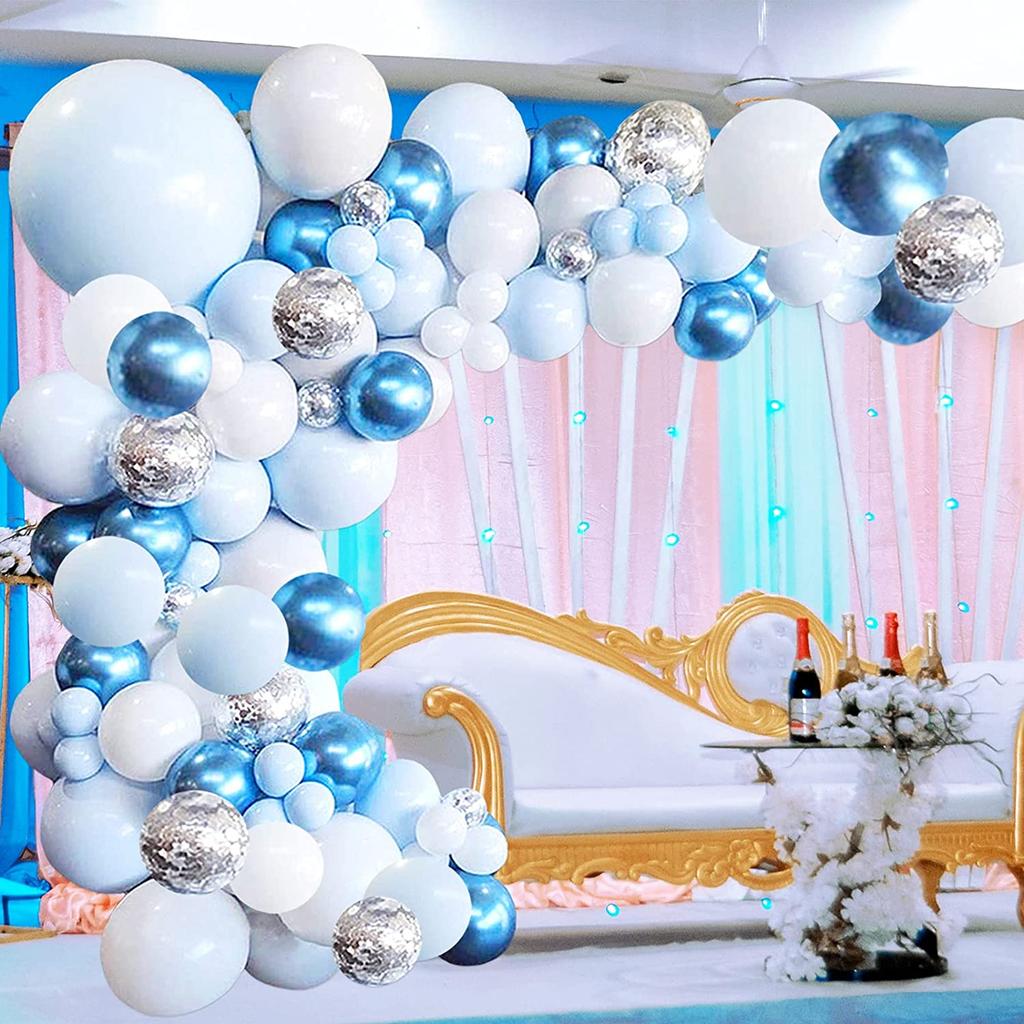 Bruiloft Verjaardag Babyborrel Geslachtsonthulling Decoraties Stofblauw Wit Ballonnenboog Slingerset