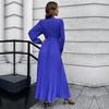 Women V Neck Long Sleeve Pleated A Line Solid Color Lace Up High Waist All Match Dresses S-XXL