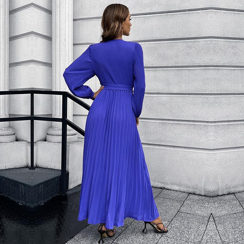 Women V Neck Long Sleeve Pleated A Line Solid Color Lace Up High Waist All Match Dresses S-XXL