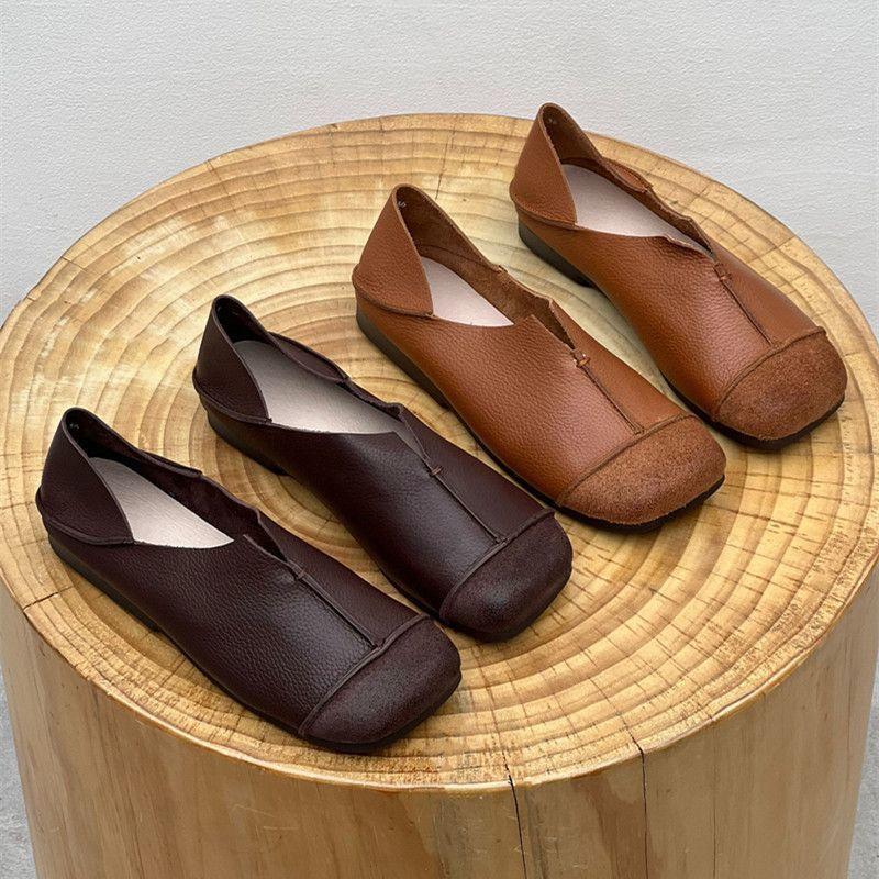 Fashion Brown Leather Pure Handmade Shoes The Retro Art Mori Girl Shoes Women's Casual Flats Shoes Two Way To Wear