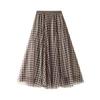 Women's Elegant Plaid Pattern Mesh Long Skirt Female High Waist Color Block Pleated Flowy A-Line Skirts Spring