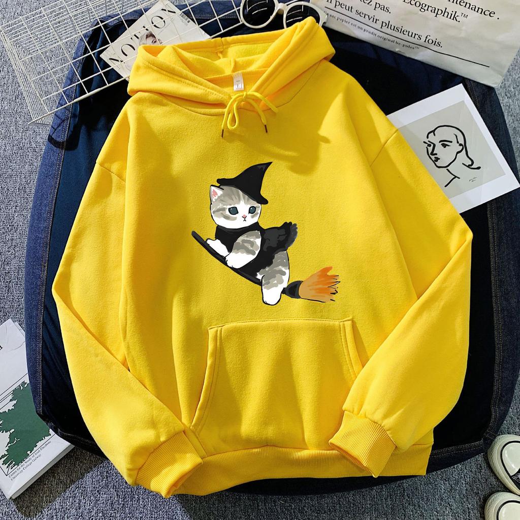 European and American Autumn and Winter Witch Cat Print Hoodie Sweatshirt for Men and Women, Korean Style Casual Tops for Couples