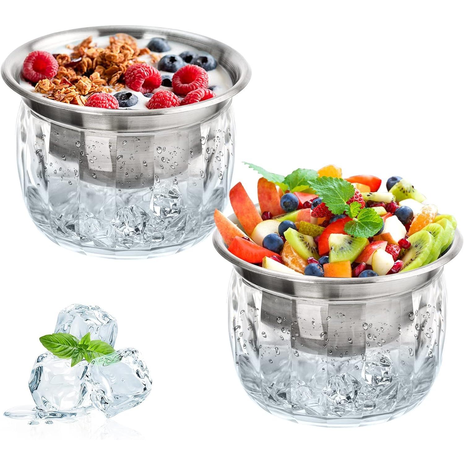 2 Pack 20 Oz Chilled Dip Bowl with Acrylic Ice Bowl Base, Stainless Steel Ice Chilled Serving Dish Iced Salad Bowl Set for Chilled Pasta серебряный