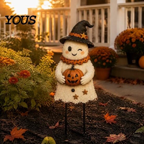 Fun Garden Decorations Halloween Cute Ghost Ground Stakes, Metal Yard Art Sculpture with Pumpkin/Broomstick Elements for Outdoor Decorative Ornaments