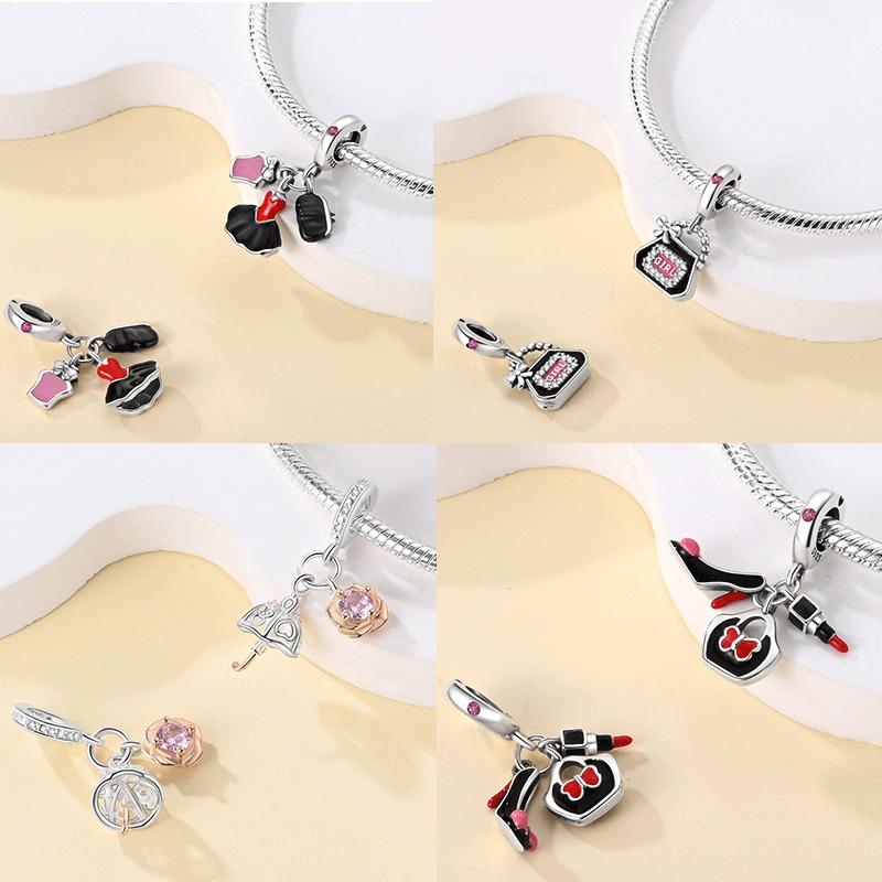 Original Copper Dress Lipstick High Heels Red Wine Air Balloon Charms Beads Fit Diy Women Jewelry Bracelet Fine Gift