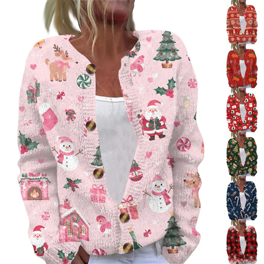 Women's Christmas Print Long Sleeve Knit Cardigan Sweater Button Front for Fall Winter