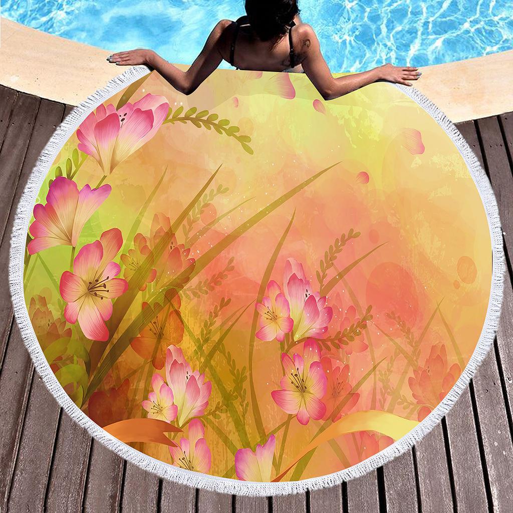 Vintage Floral Round Beach Towel with Tassels, Farmhouse Flower Beach Blanket, Soft Microfiber Yoga Meditation Mat Picnic Rug