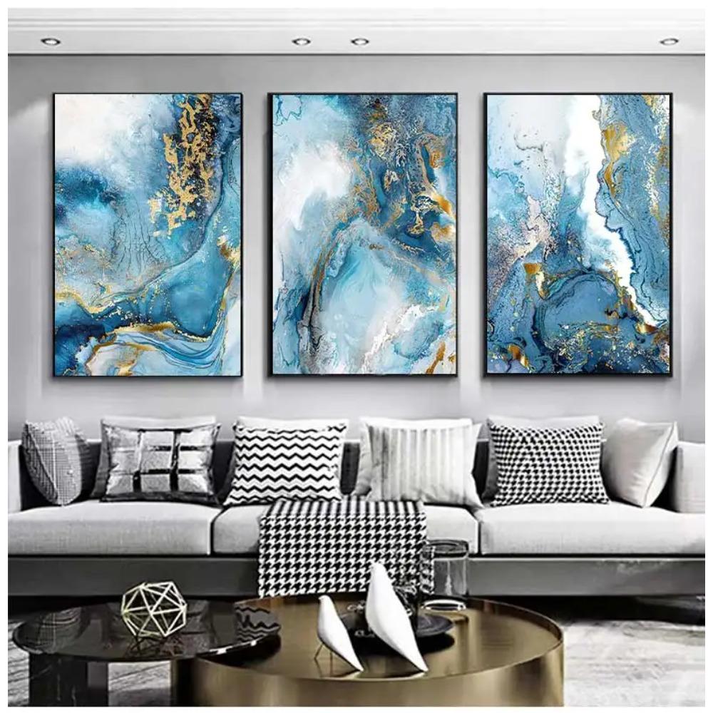 3 Pcs Gold Foil Blue Marble Texture Luxury Poster Prints Pictures Teal Watercolor Wall Art Canvas Painting for Modern Home Decor