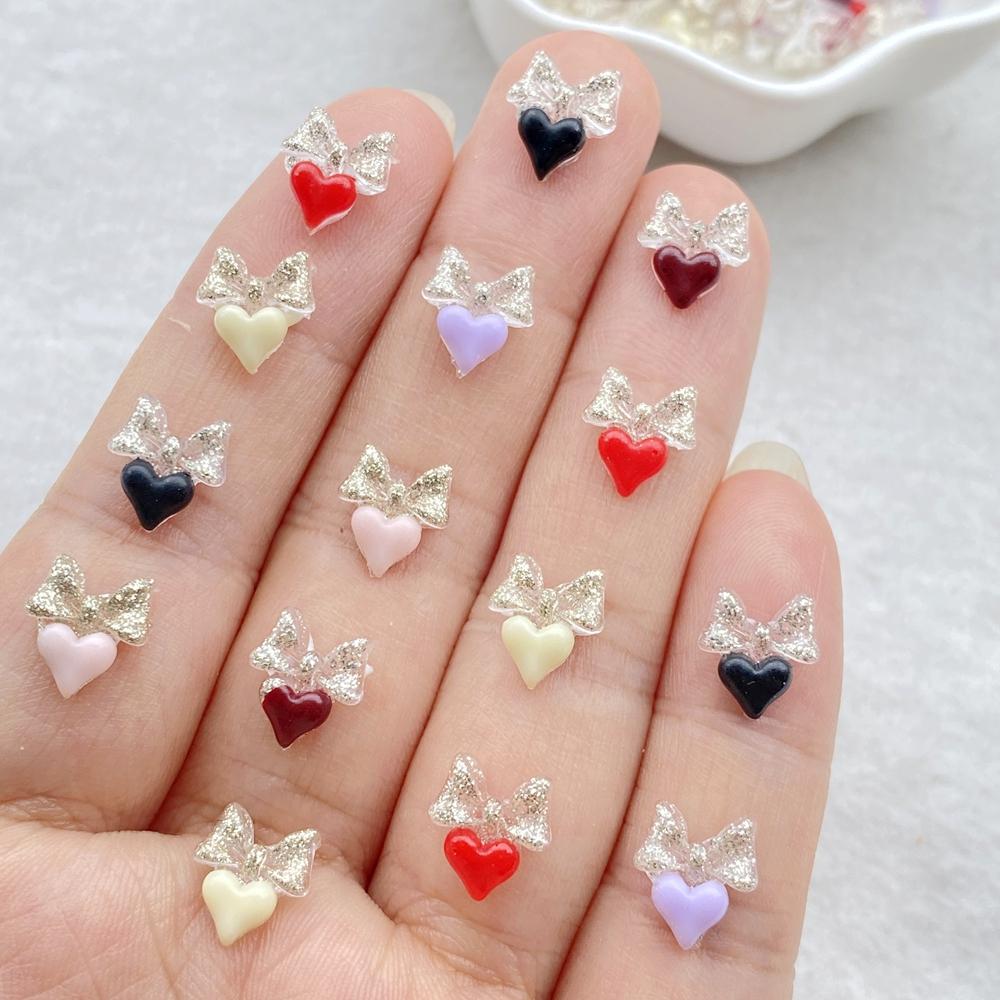 

100Pcs Resin 3D Colorful Mini Crystal bow heart-shaped Gems Flatback Figurines Scrapbook Wedding Applique Nail Art Decor Crafts