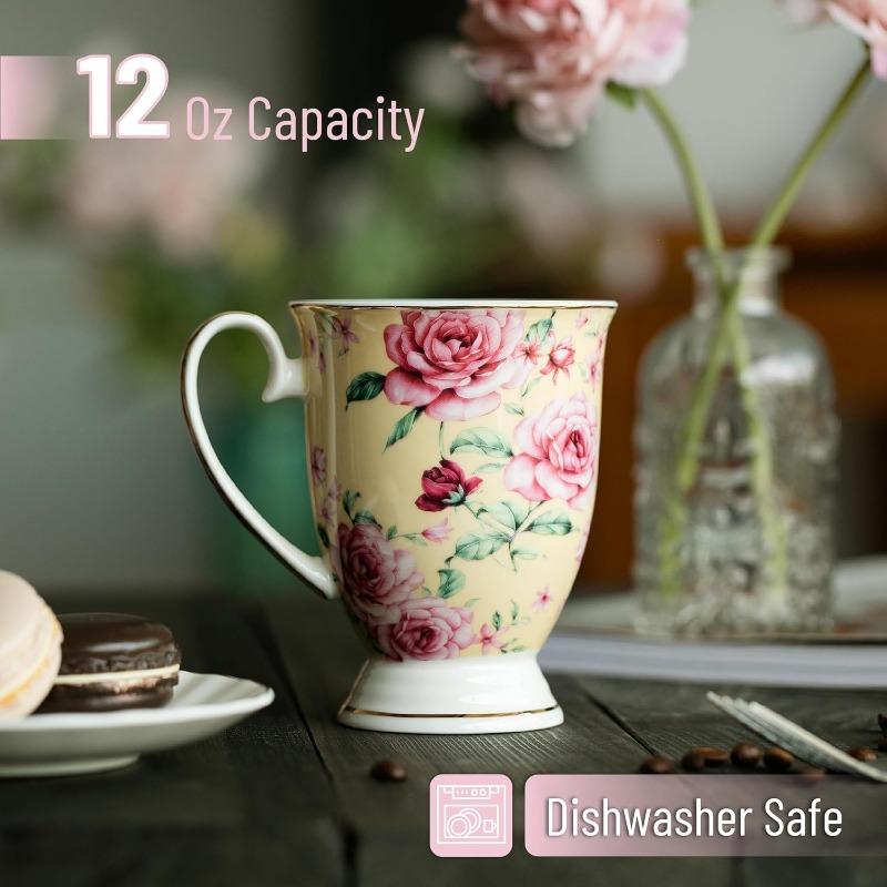 Large Coffee Mugs, 12 oz, Set of 6, Floral Mugs, Porcelain Bone China, Tea Mug, Coffee Cups Set