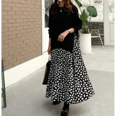 Women's Spring and Fall Casual Round Neck Dress Loose Splicing Commuter Long Skirt