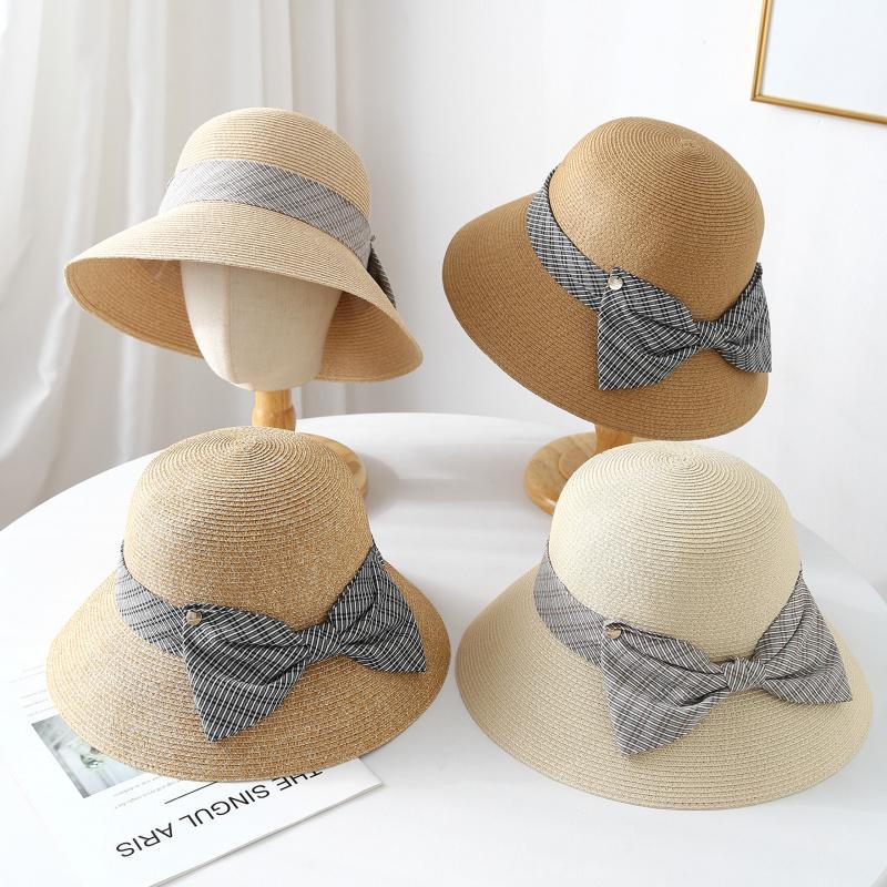Korean Style Plaid Bowknot Bucket Hat Woven Sunshade Versatile Women's Summer Sunhat Fashionable Outdoor Protection