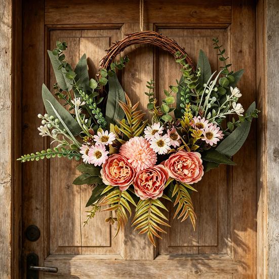 16 Inch Artificial Rattan Wreath with Flowers Lifelike Faux Hydrangea Wreath for Spring Summer Indoor Outdoor Home Wall Porch Farmhouse Decor
