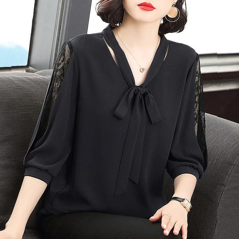 Women Spring Summer  Half Lace Sleeve Style Blouses Tops Casual Bow Tie Collar Loose Blusas Tops