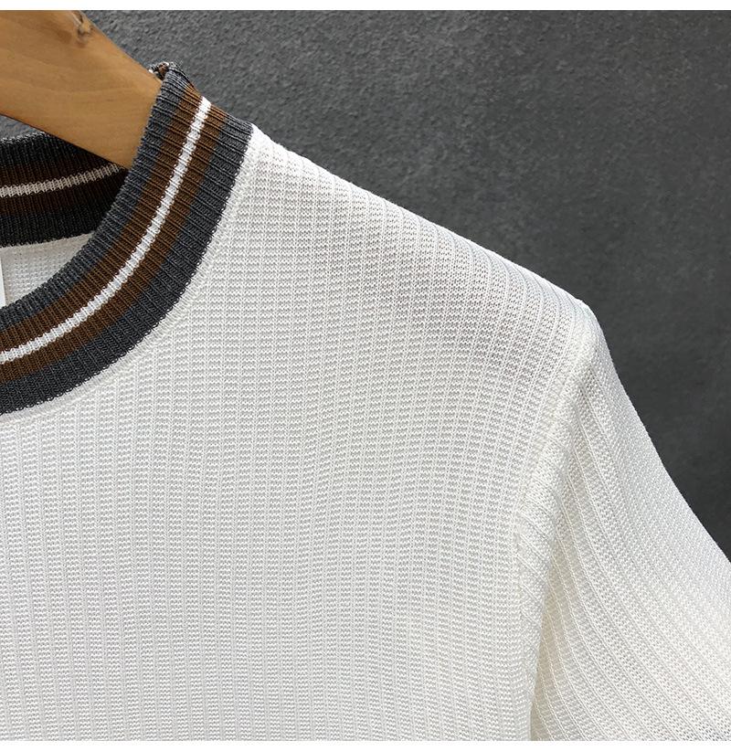 Summer Men's White Striped Short-Sleeve Knit Top