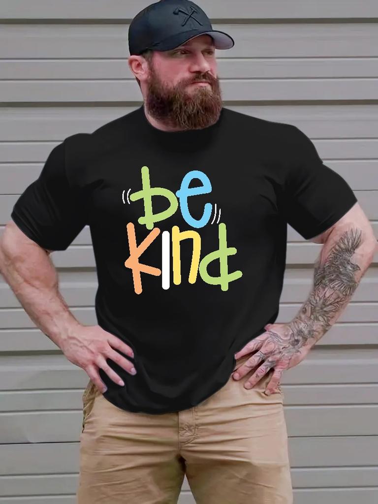 Plus Size Men's Stylish Loose Be Kind Pattern Shirt, Casual Breathable Crew Neck Short Sleeve Top For Summer Outdoor Activities, Men's Clothing