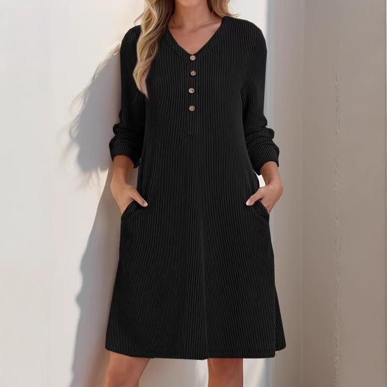 

YYFS Женская мода весна осень однотонный принт длинный рукав V-образный вырез свободная талия повседневные платья XXL чёрный