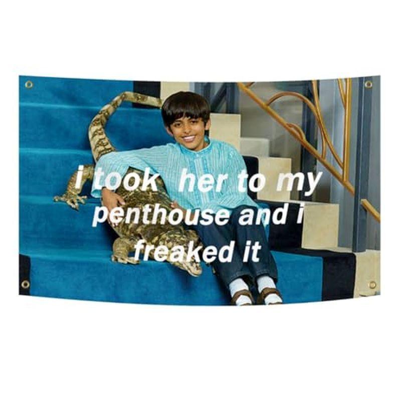 Funny Meme Boy Crocodile Penthouse Quote Wall Tapestry Blue Stairs I Took Her To My Humor Pop Art Bedroom Living Room