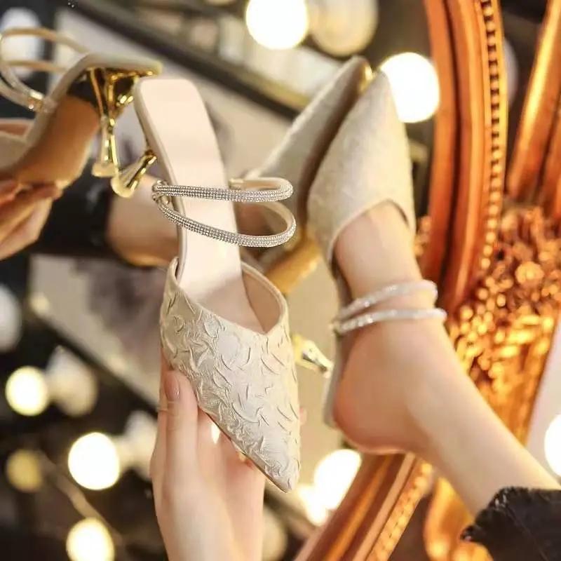 Fashion Women's Shoes Outdoor Pumps Sandals for Woman Footwear Pointed Toe Summer 2024 Thin Heels Rhinestones F H Shoe Asian Size Luxury