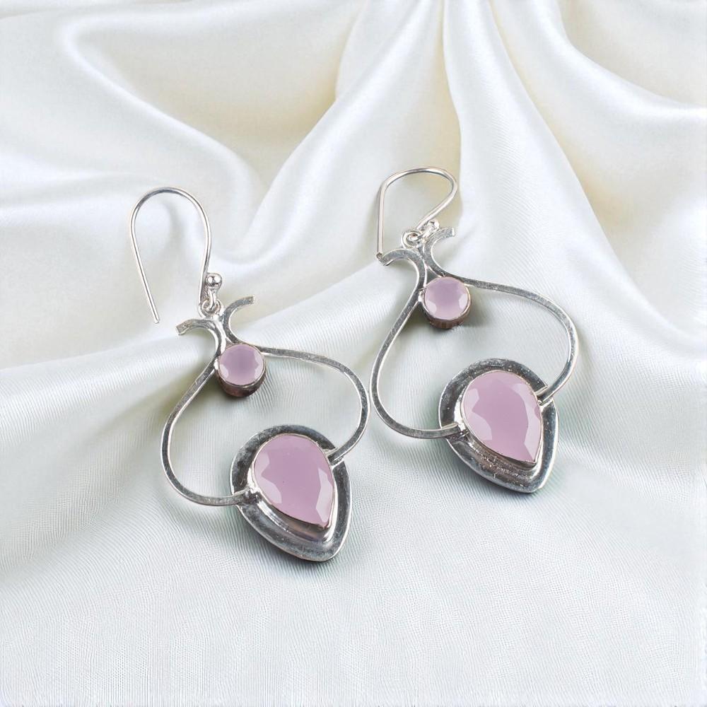 Rose Chalcedony Gemstone 925 Sterling Silver Jewelry Handcrafted Earrings 2.2" EE-80-15