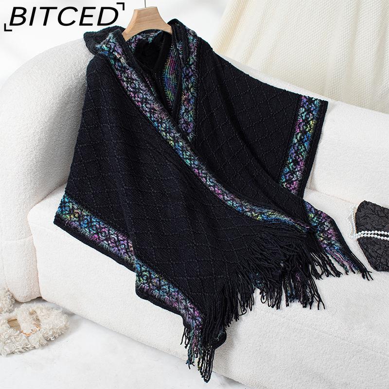 

BITCED Осень/Зима Этнический Стиль Вязаный Кейп-Свитер Шаль с Капюшоном и Бахромой Женская Верхняя Одежда F чёрный
