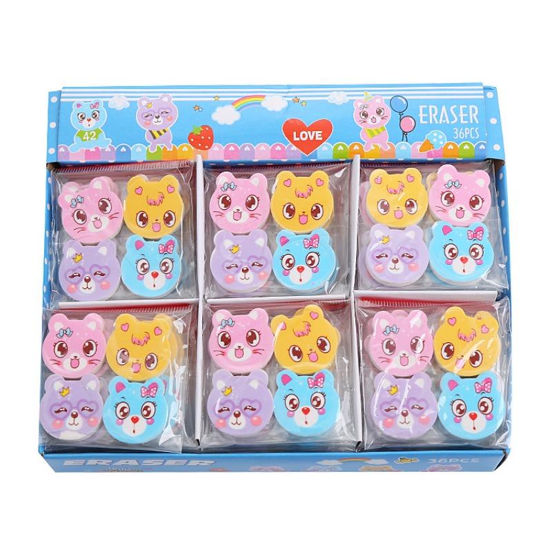 144Pcs Cute Kawaii Animal Erasers of Cat Fun Wipe Clean Office Stationery Supplies for Students Gift Decorative Supply