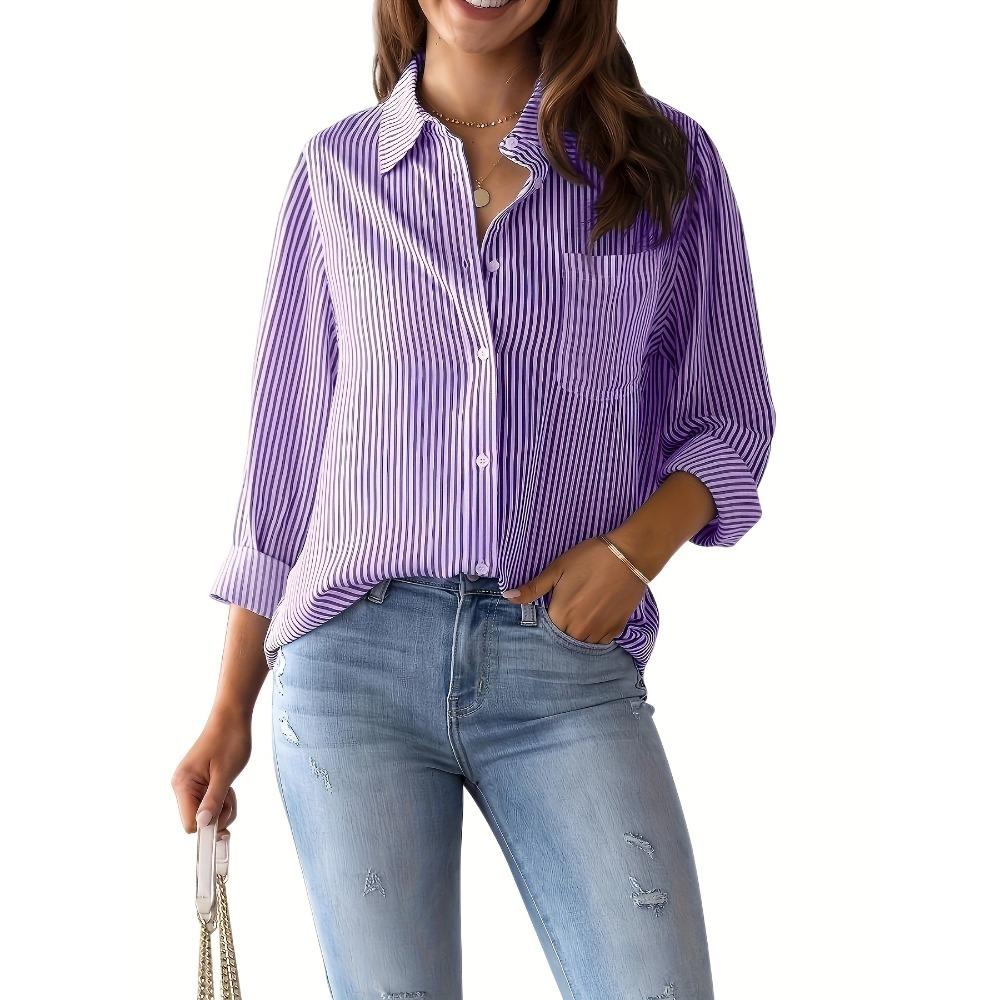 Szykowna koszula z długim rękawem w paski - Damska odzież codzienna z kieszenią i zapięciem na guziki - Idealna do noszenia na co dzień