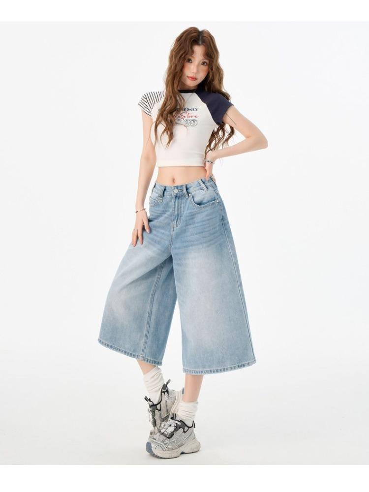 Fashion Summer Vintage High Waist Loose Cropped Capri Pants For Women Versatile High Street Straight Denim Trendy Slimming FigureFlattering Daily Wear