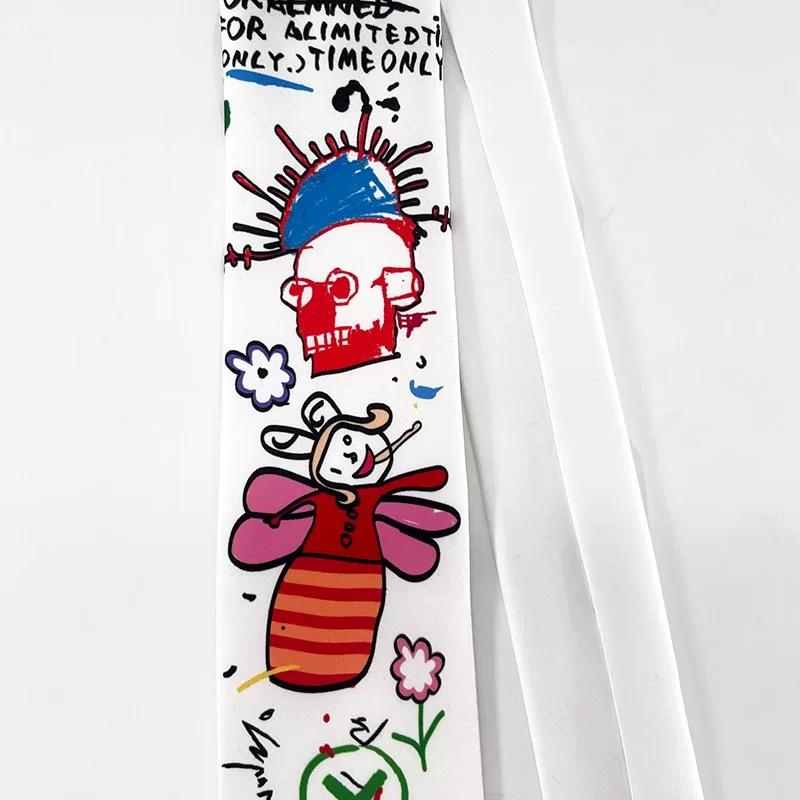 Graffiti Printing Hip Hop Punk White Tie Women Fashion Y2k Kawaii Necktie Casual Shirt Ties For Woman Gift Box