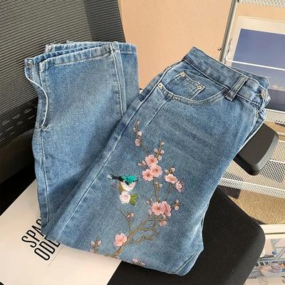 Women's Spring/Fall High-Waisted Embroidered Jeans Loose Slim Design Niche Split Pants